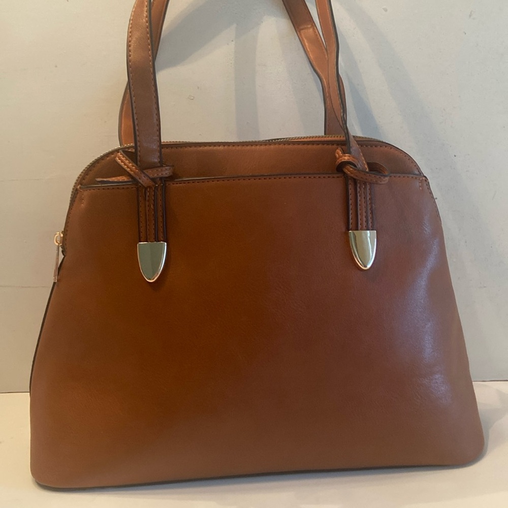 Brown dome shaped satchel bag faux leather gold tone hardware 2 handles